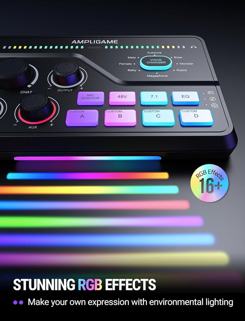 FIFINE خلاط ألعاب للدردشة الصوتية والبث - مضخم صوت سماعة محيطية 7.1ch - مضخم صوت XLR - توصيل USB وتشغيل - محول صوت - RGB - تحكم في مستوى الصوت - 3 أوضاع EQ Ampligame SC8 - Image 5